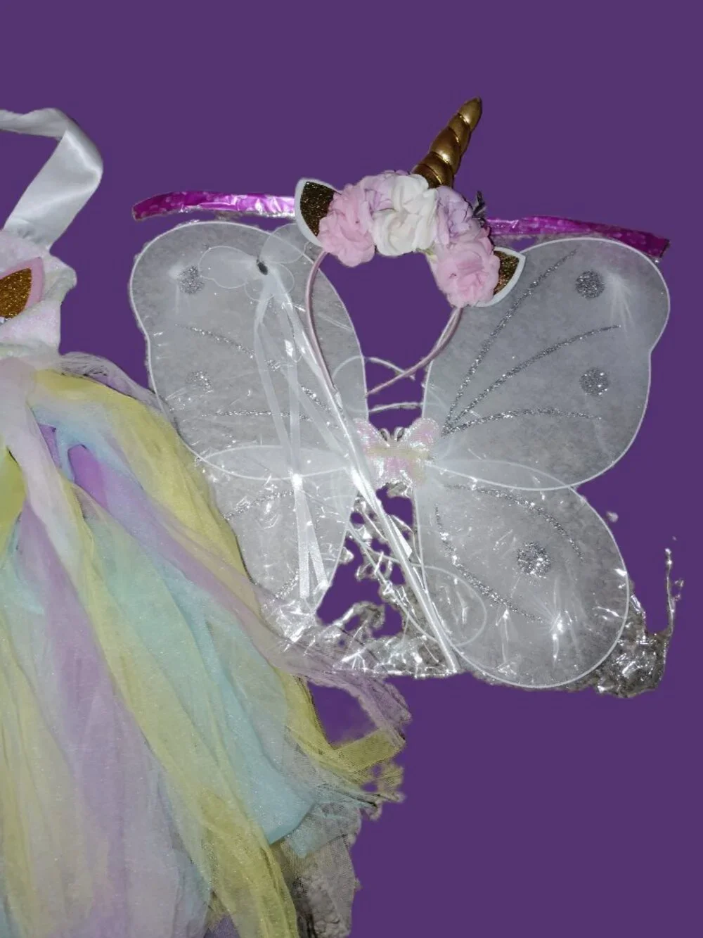 UNICORN PRINCESS COSTUME DRESS UP LOT DRESS WINGS HEADBAND WAND-GIRLS SIZE 10-12